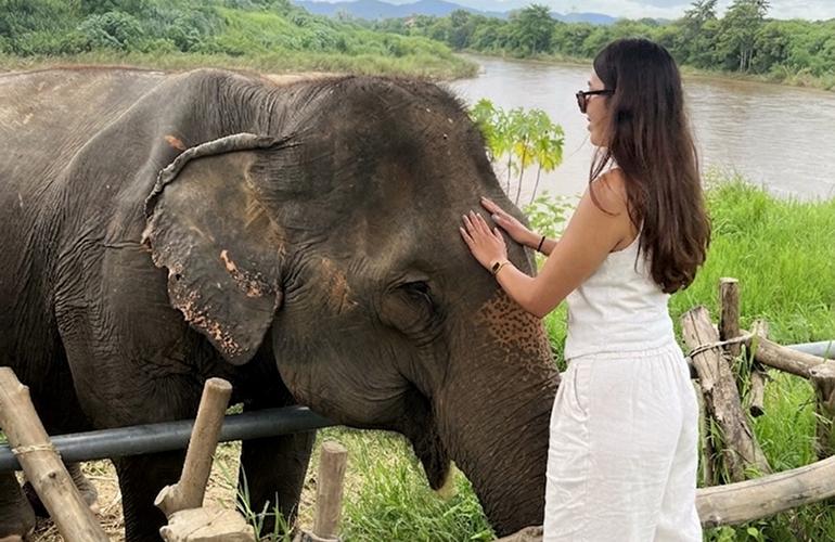 Daniela petting an elephant in Thailand